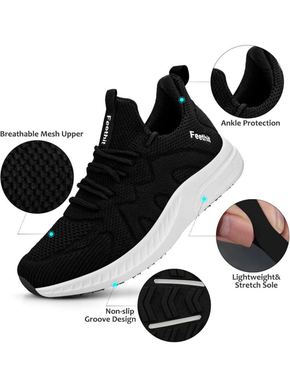 Women's Black White Mesh Lightweight Workout Athletic Running Slip on Sneaker - Picture 3 of 6
